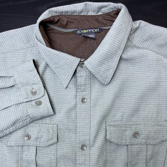 Exofficio Mens XL Green Polyester Long Sleeve‎ Double Pocket Button-Up - Picture 1 of 6